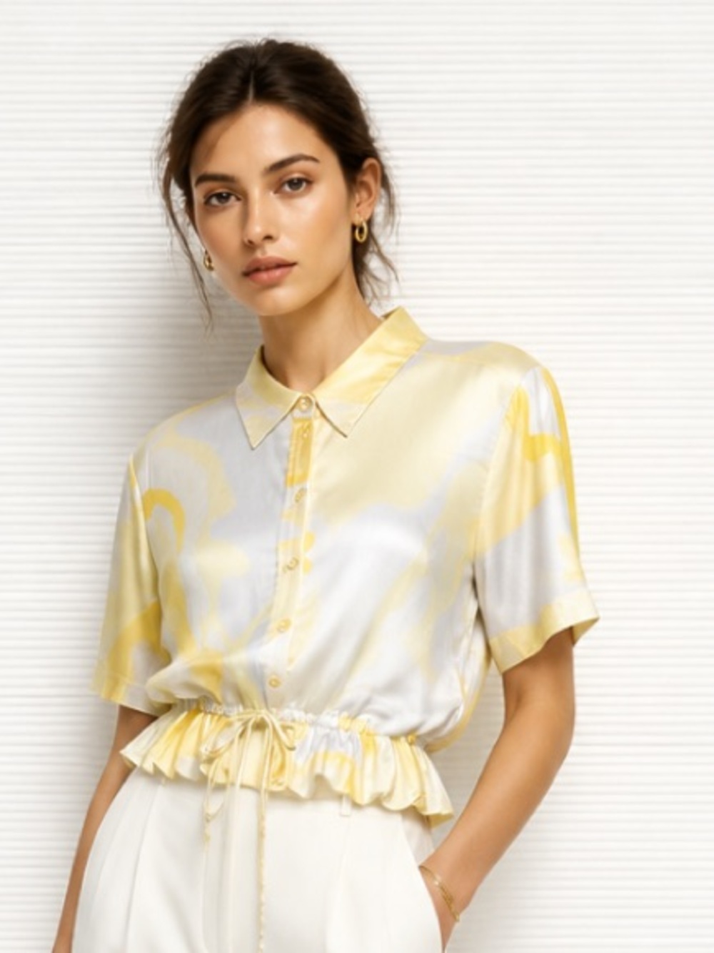 STINE GOYA Makayla Blouse Top Peplum Drawstring Yellow Gray Button Down Small